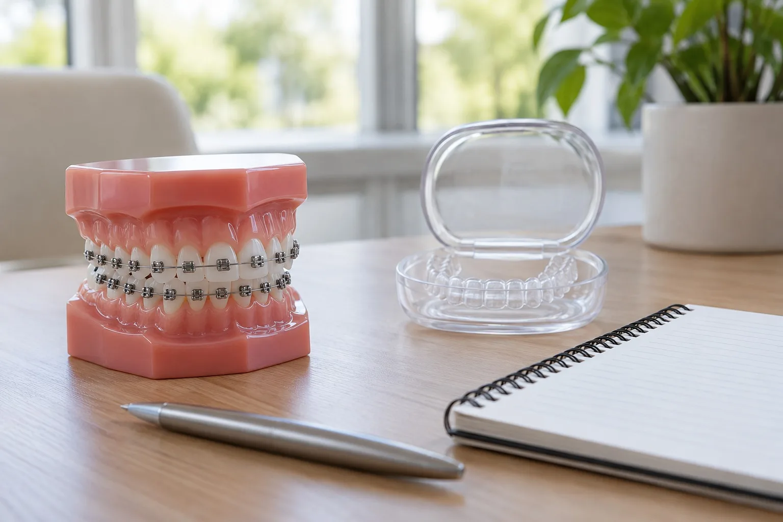 Zahnmodell mit Brackets neben einer transparenten Schiene und einem Notizbuch